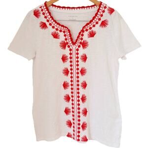 Talbots Embroidered Cotton Short Sleeve Blouse Top White Red Boho Festival M